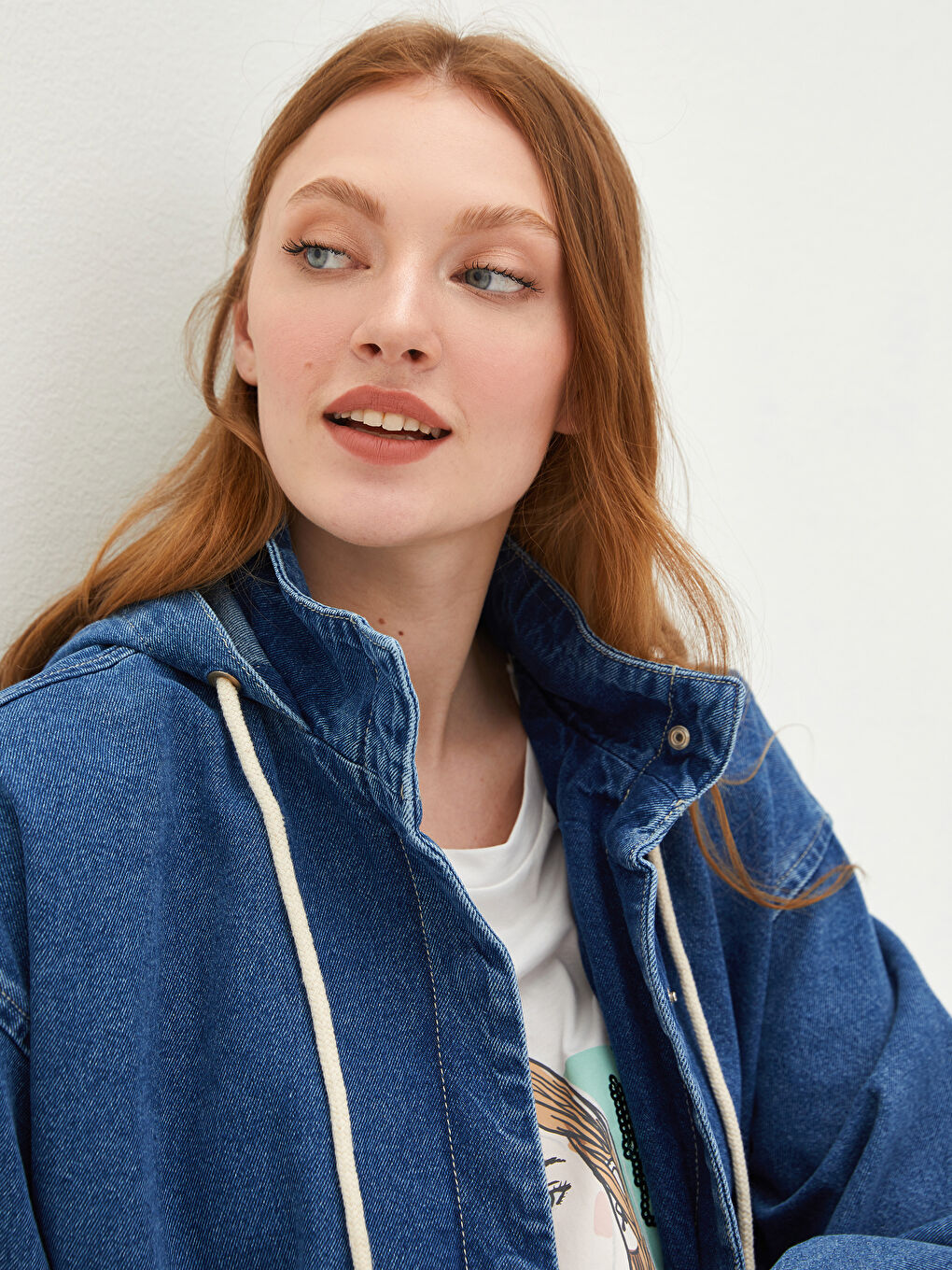 İndigo Kapüşonlu Crop Uzun Kollu Kadın Jean Ceket-3