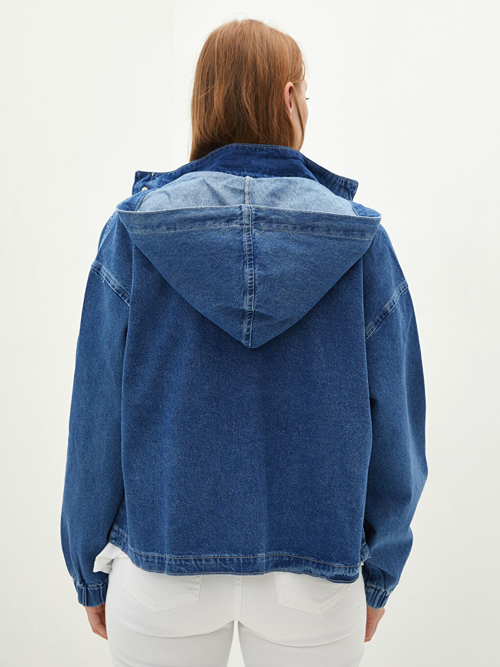 İndigo Kapüşonlu Crop Uzun Kollu Kadın Jean Ceket-4