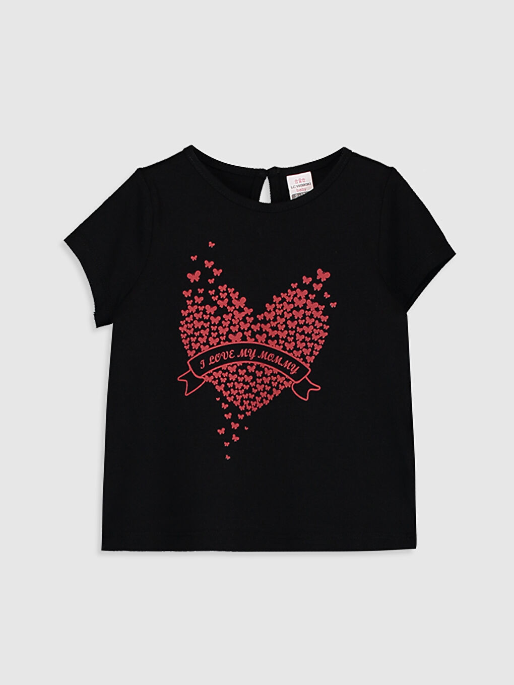 Siyah Bisiklet Yaka Kısa Kol Baskılı Kız Bebek Tişört