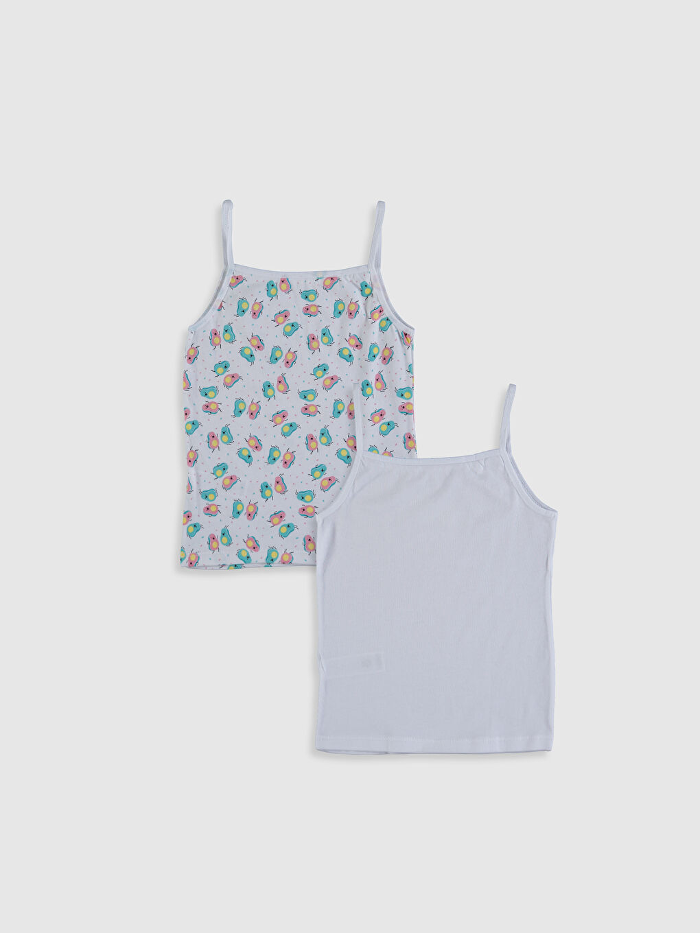 Beyaz Kare Yaka Baskılı Askılı Pamuklu Kız Çocuk Atlet 2'li-1