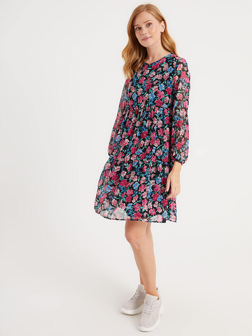 Karışık Çiçek Desenli Şifon Hamile Elbise-2