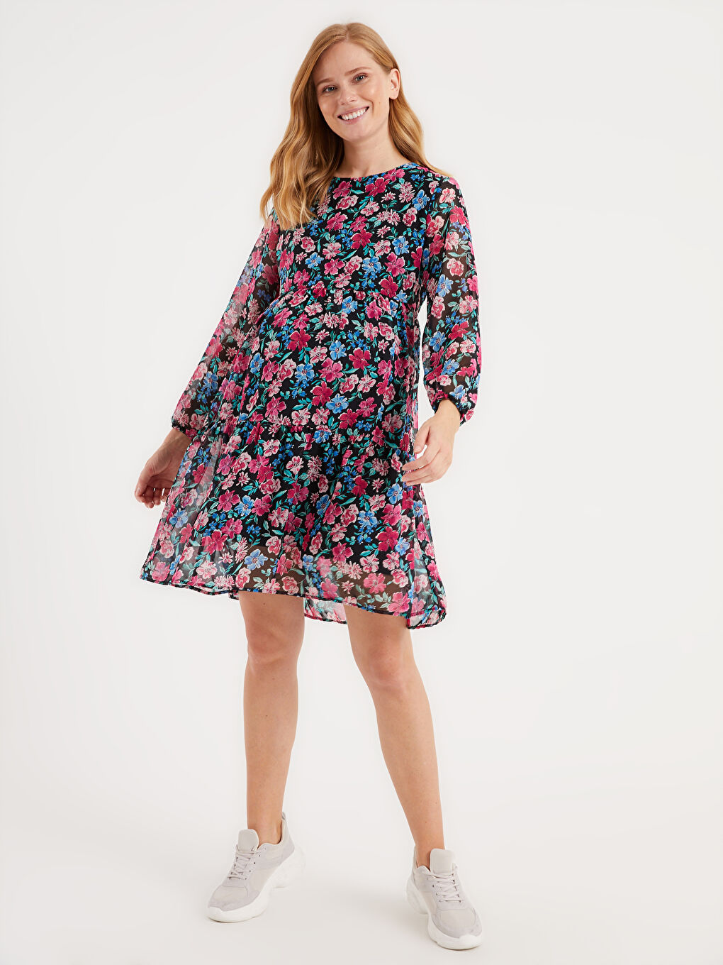 Karışık Çiçek Desenli Şifon Hamile Elbise-1