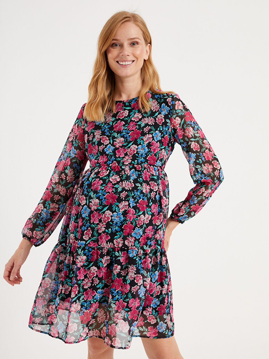 Karışık Çiçek Desenli Şifon Hamile Elbise-4