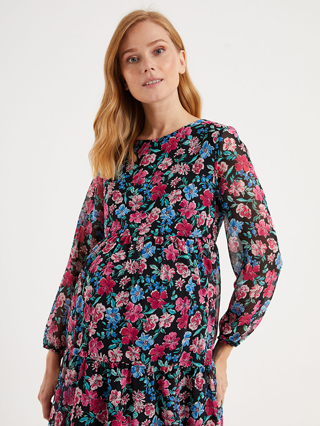 Karışık Çiçek Desenli Şifon Hamile Elbise-5