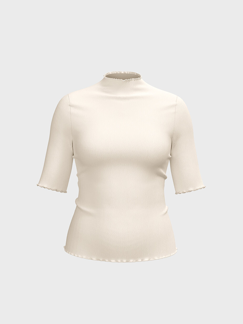 Ekru Dik Yaka Düz Kısa Kollu Kadın Tişört-3