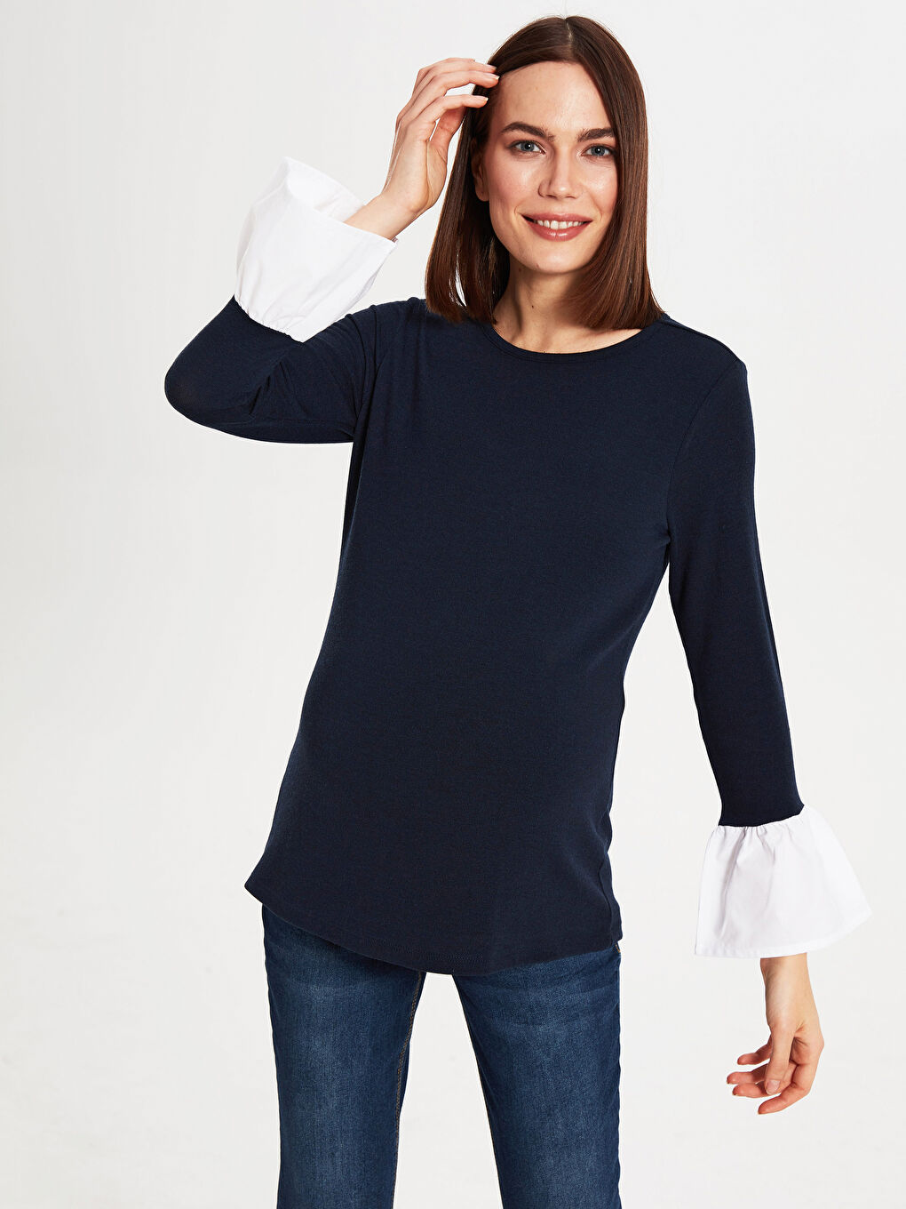 Lacivert Bisiklet Yaka Uzun Kollu Hamile Tişört-3