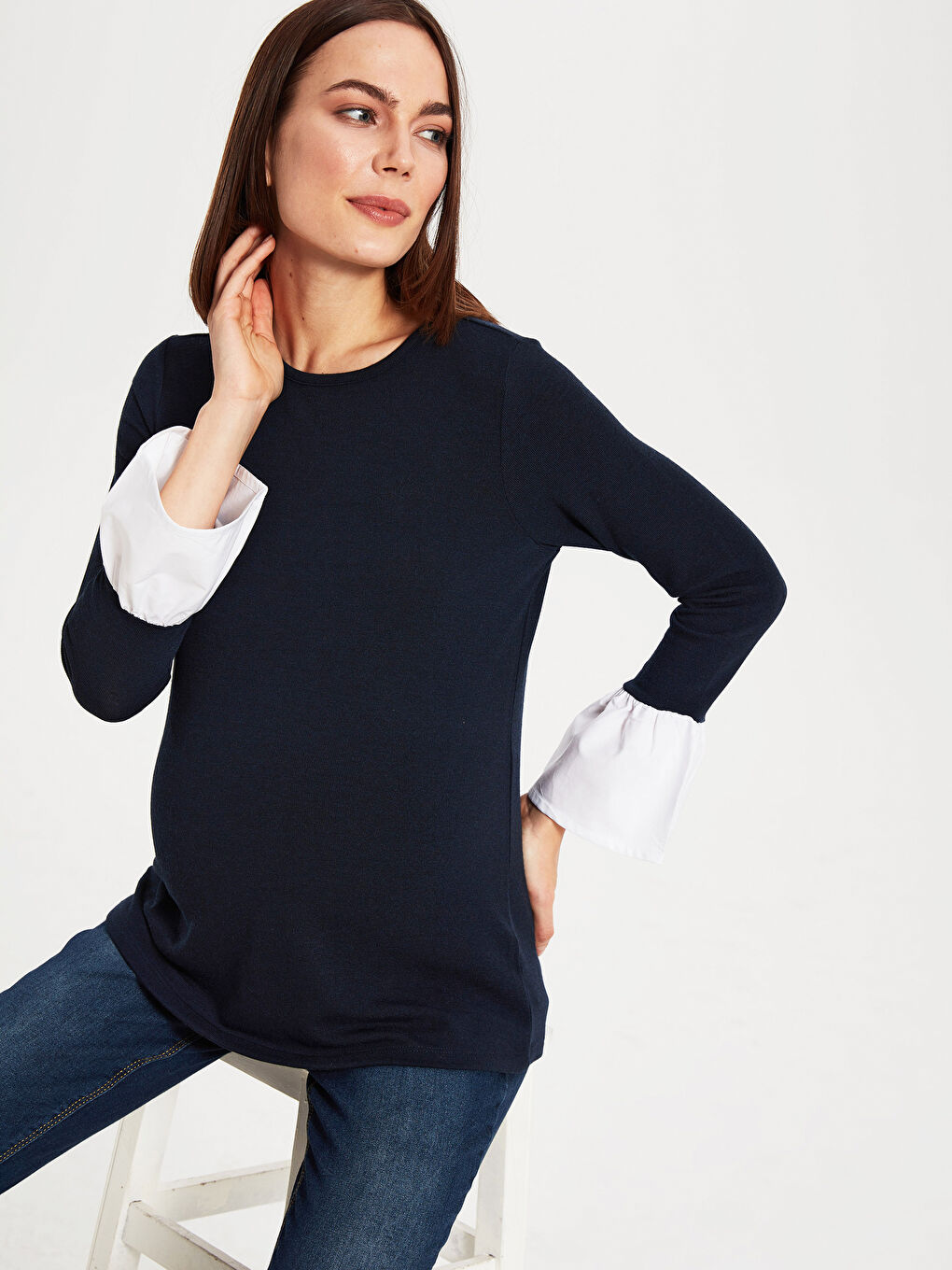 Lacivert Bisiklet Yaka Uzun Kollu Hamile Tişört-4