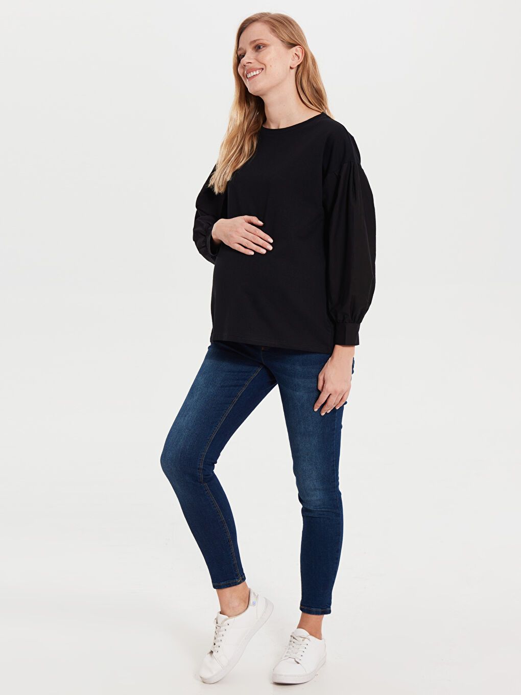 Siyah Bisiklet Yaka Uzun Kollu Sweatshirt Kumaşı Hamile Tişört-2