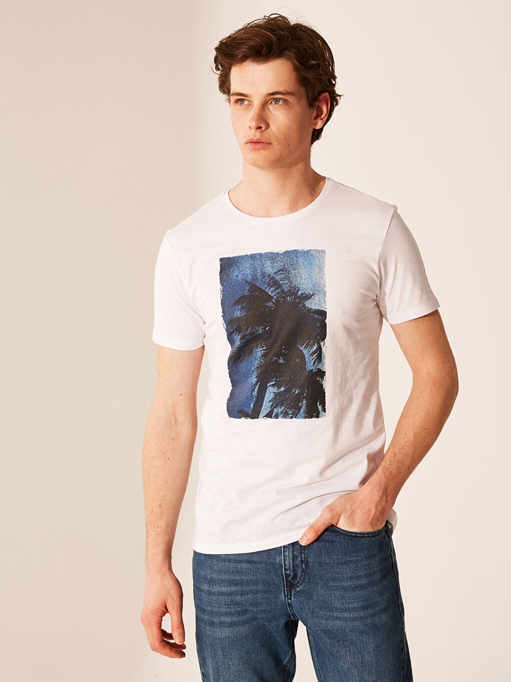 Beyaz Penye Erkek Tişört-1