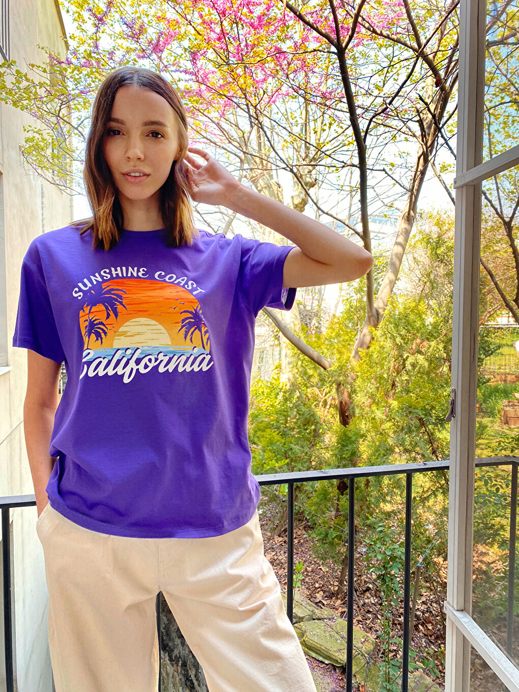 Mor Bisiklet Yaka Uzun Kollu Baskılı Pamuklu Kadın Tişört-3