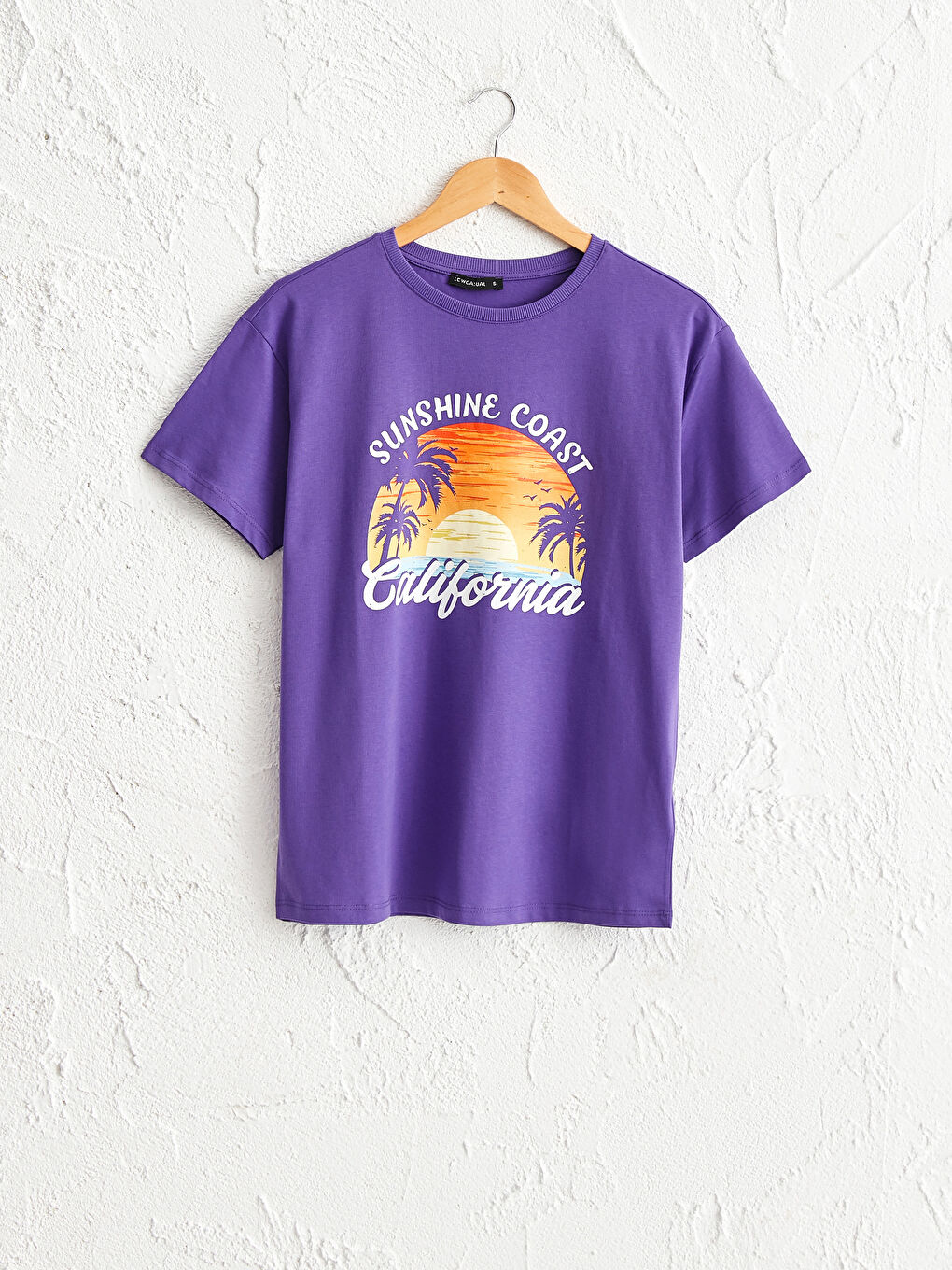 Mor Bisiklet Yaka Uzun Kollu Baskılı Pamuklu Kadın Tişört