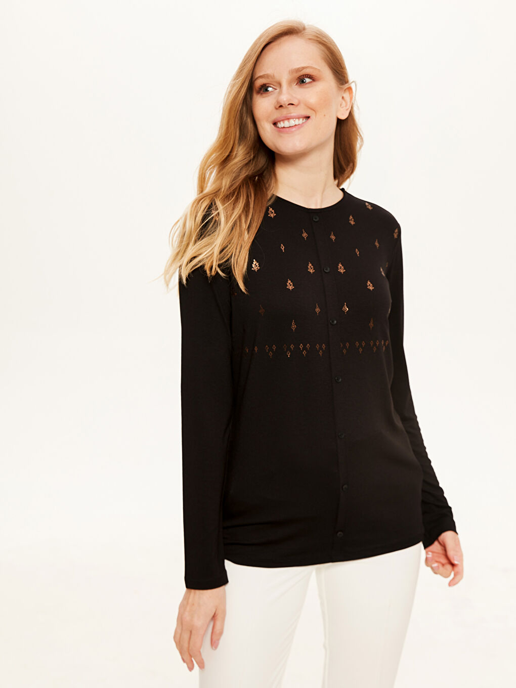 T-shirt à manches longues à motifs avec col rond pour Femmes