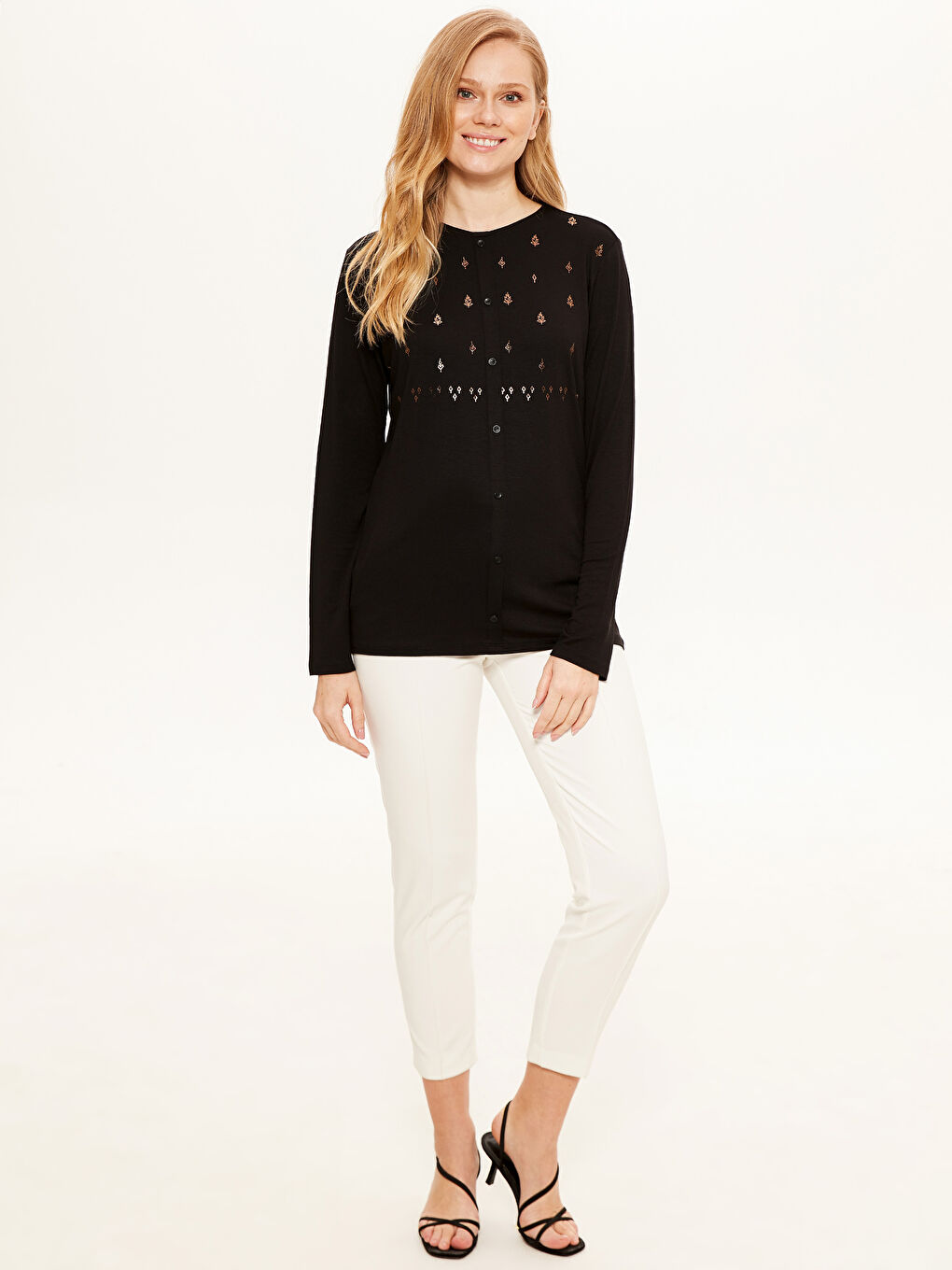 T-shirt à manches longues à motifs avec col rond pour Femmes-1