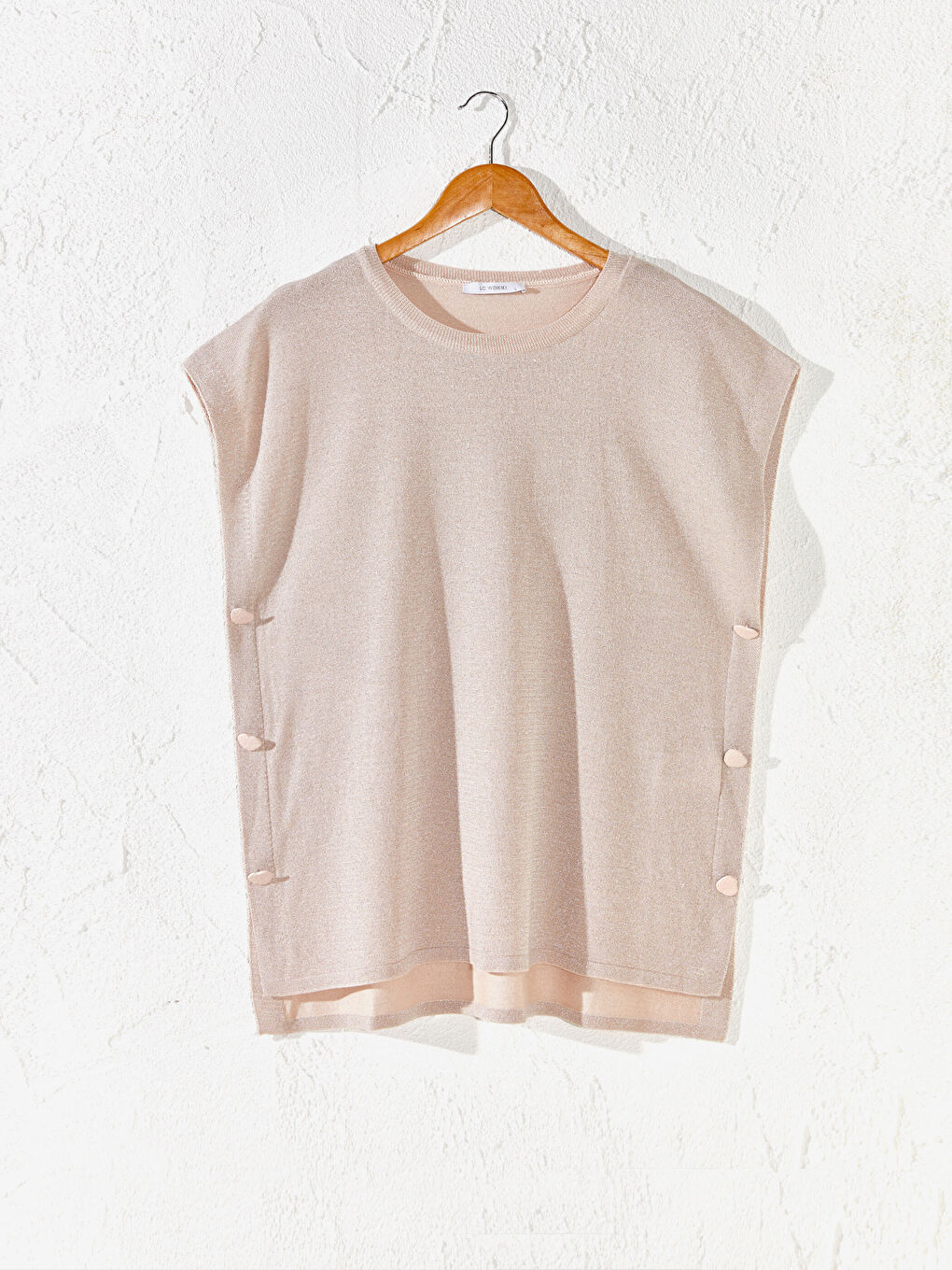 Pembe Kadın Bisiklet Yaka Düğme Detaylı Kolsuz Kazak