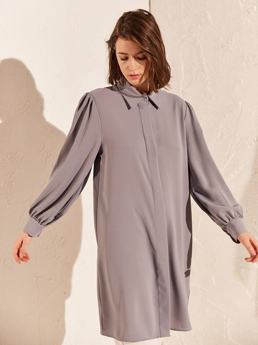 Mavi Gömlek Yaka Uzun Kollu Kadın Tunik