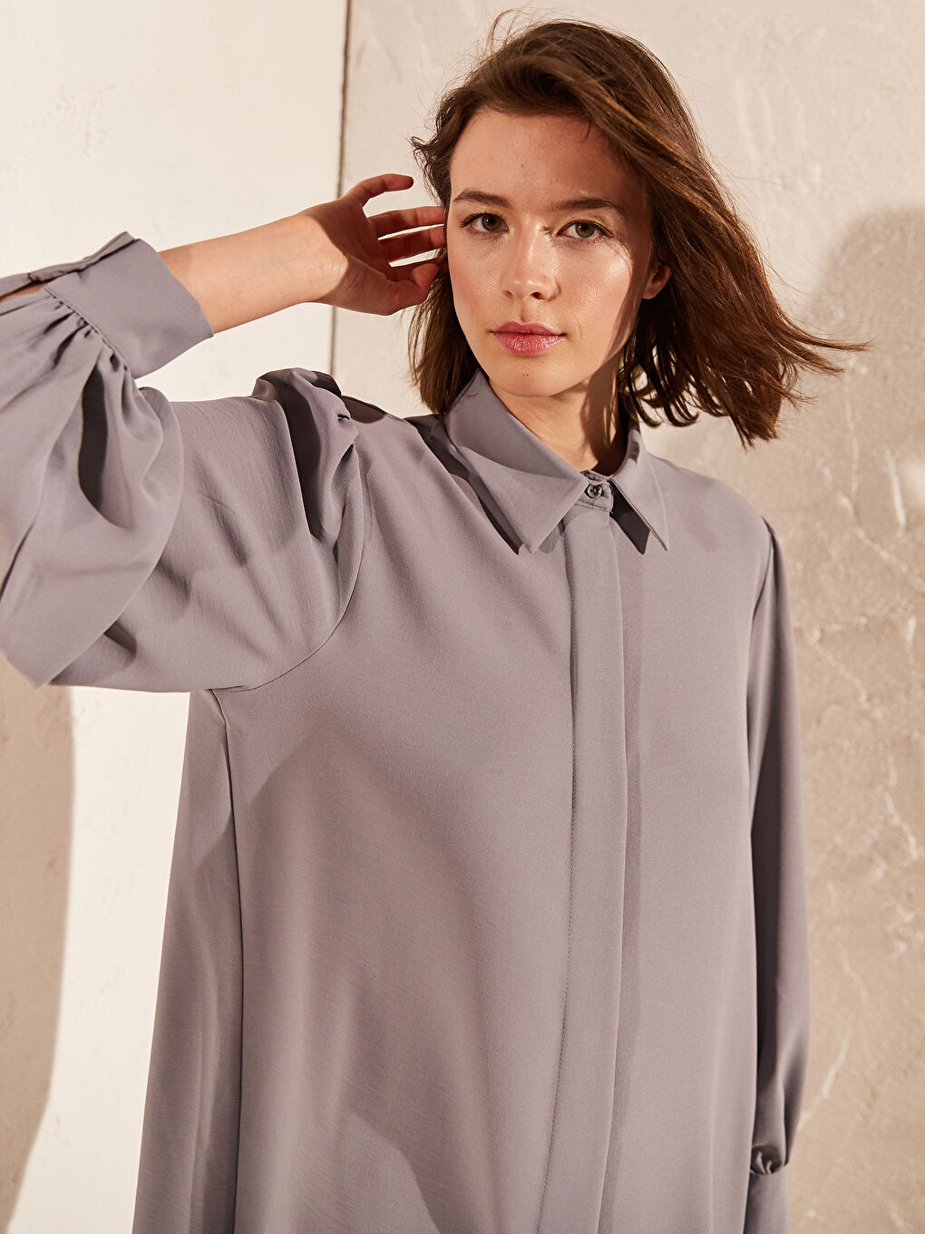 Mavi Gömlek Yaka Uzun Kollu Kadın Tunik-3