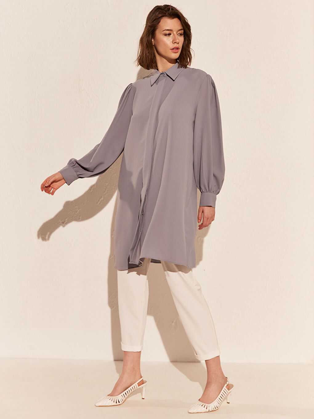 Mavi Gömlek Yaka Uzun Kollu Kadın Tunik-4