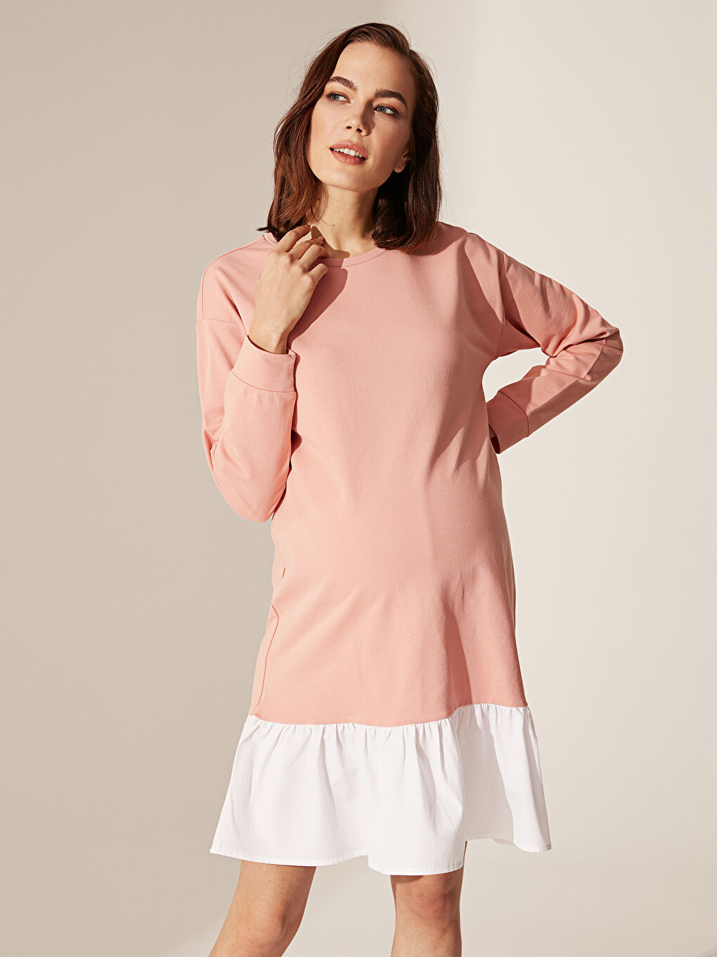 Pembe Bisiklet Yaka Düz Uzun Kollu Hamile Elbise-1