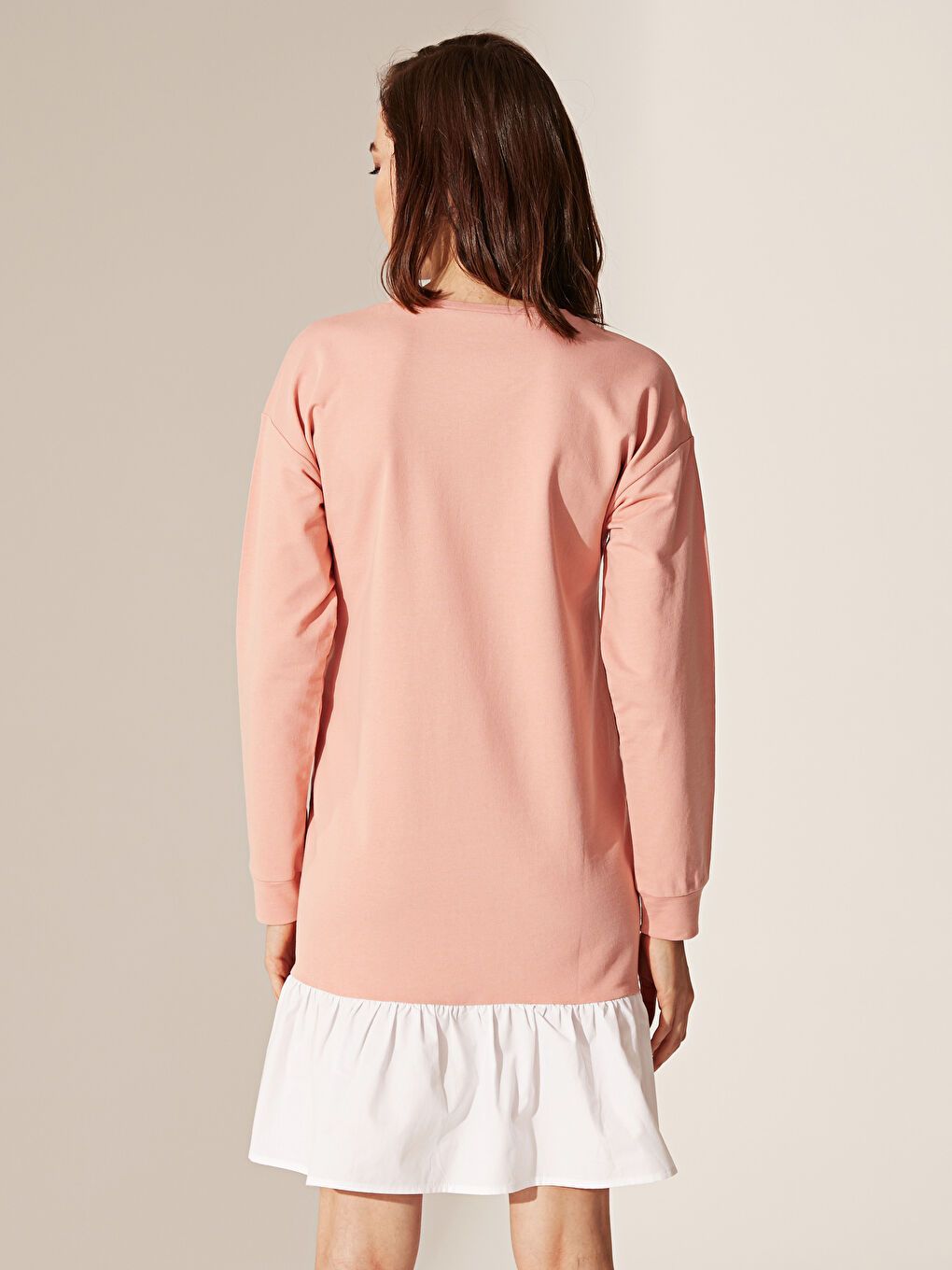 Pembe Bisiklet Yaka Düz Uzun Kollu Hamile Elbise-3