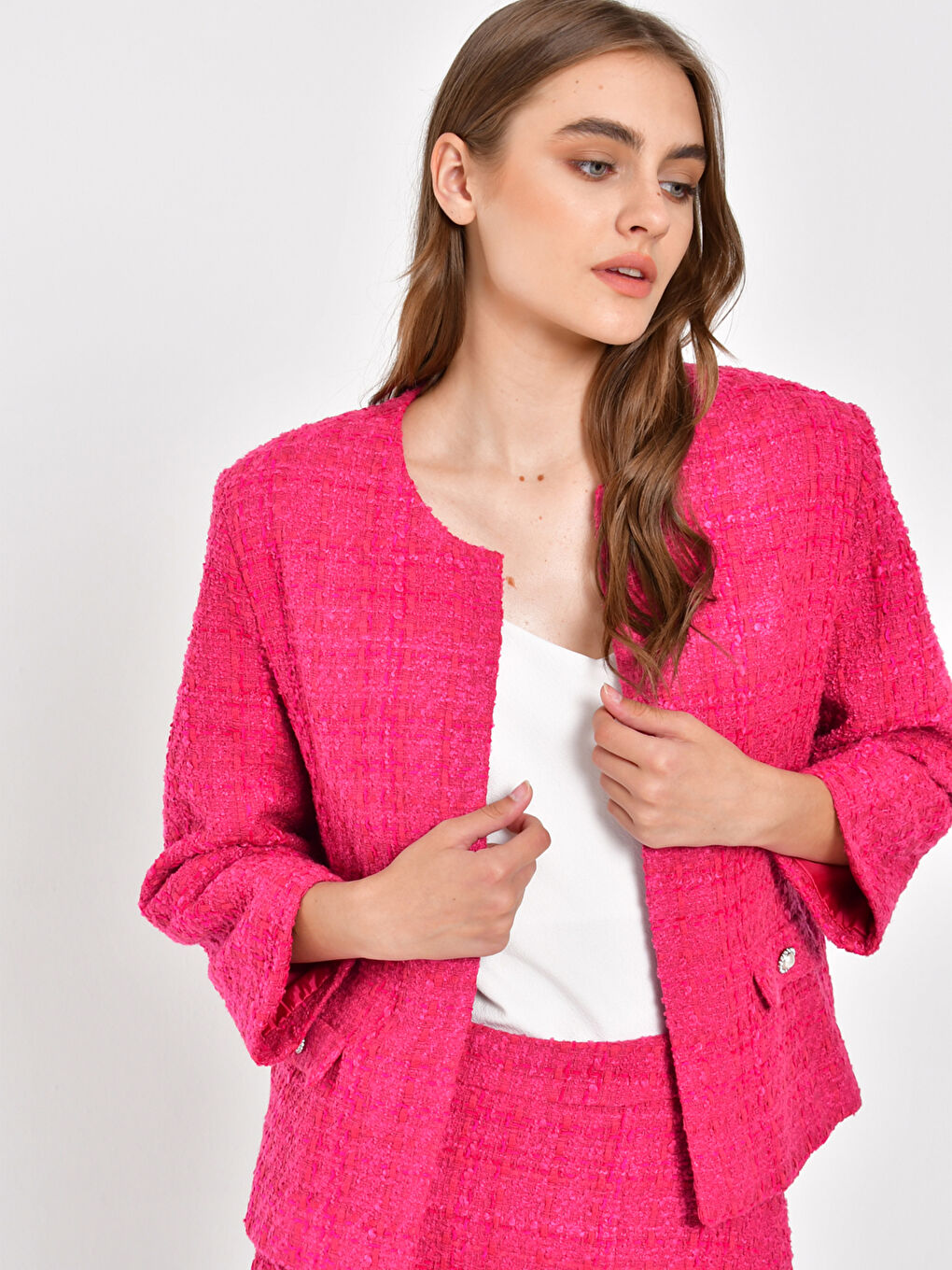 Fuşya Bisiklet Yaka Uzun Kollu Kadın Tüvit Ceket