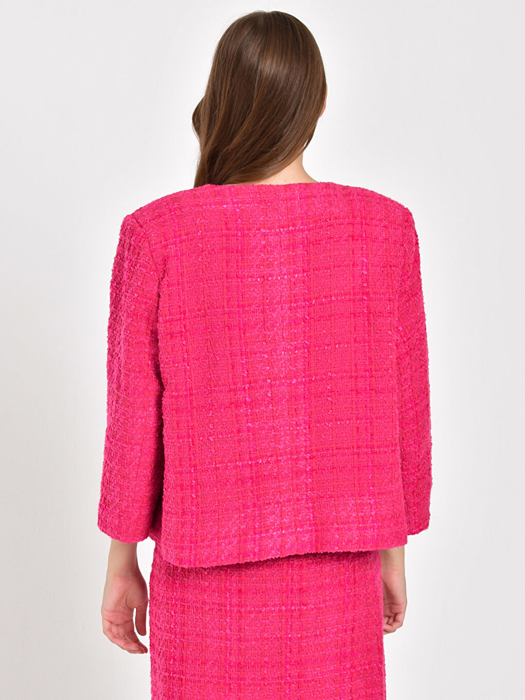 Fuşya Bisiklet Yaka Uzun Kollu Kadın Tüvit Ceket-5