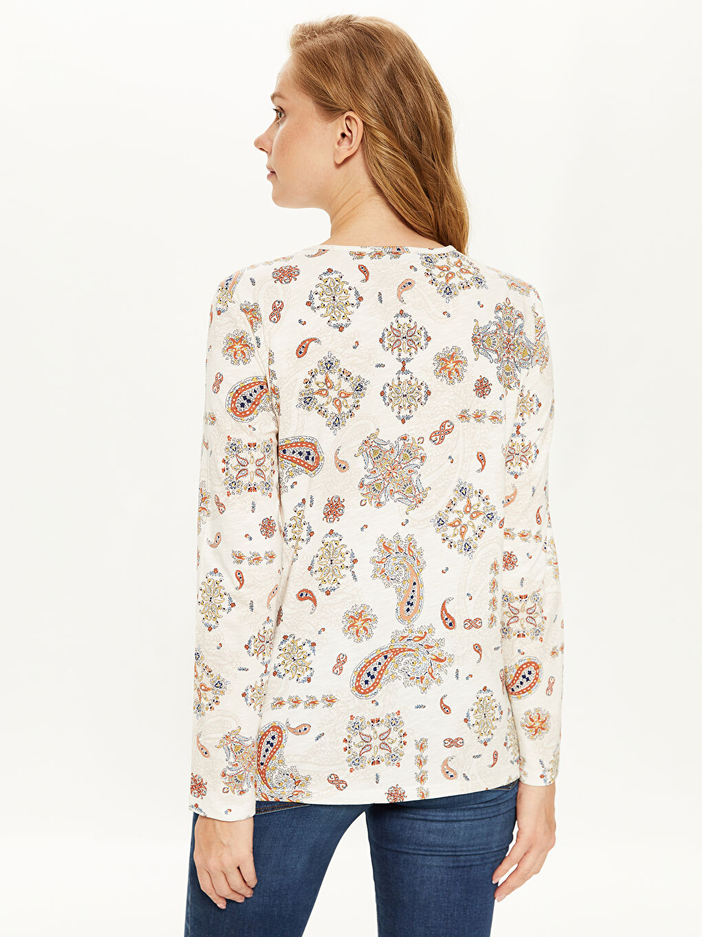 Ekru Bisiklet Yaka Uzun Kollu Kadın Tişört-2