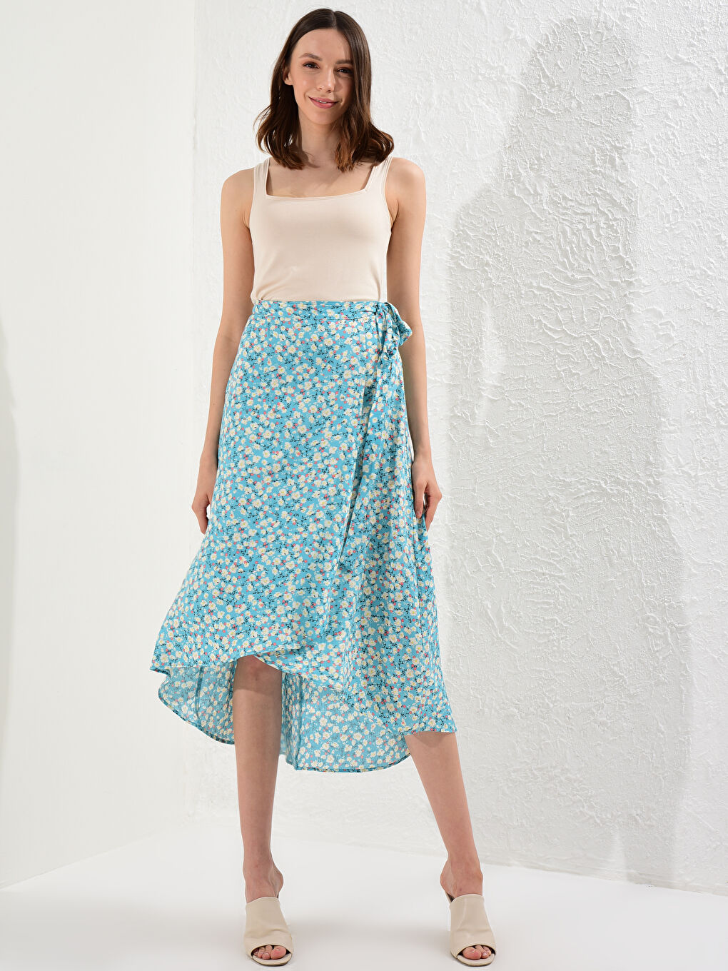 Mavi Çiçek Desenli Viskon Etek