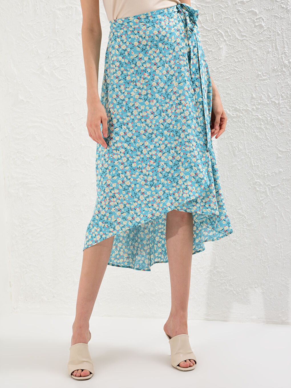 Mavi Çiçek Desenli Viskon Etek-2