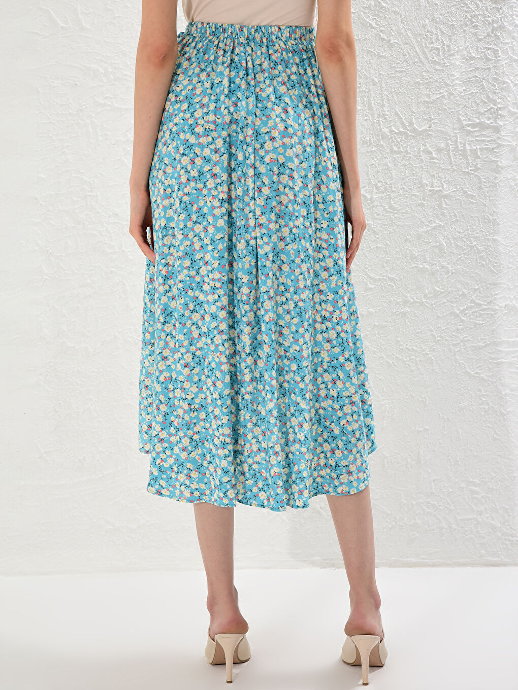 Mavi Çiçek Desenli Viskon Etek-3