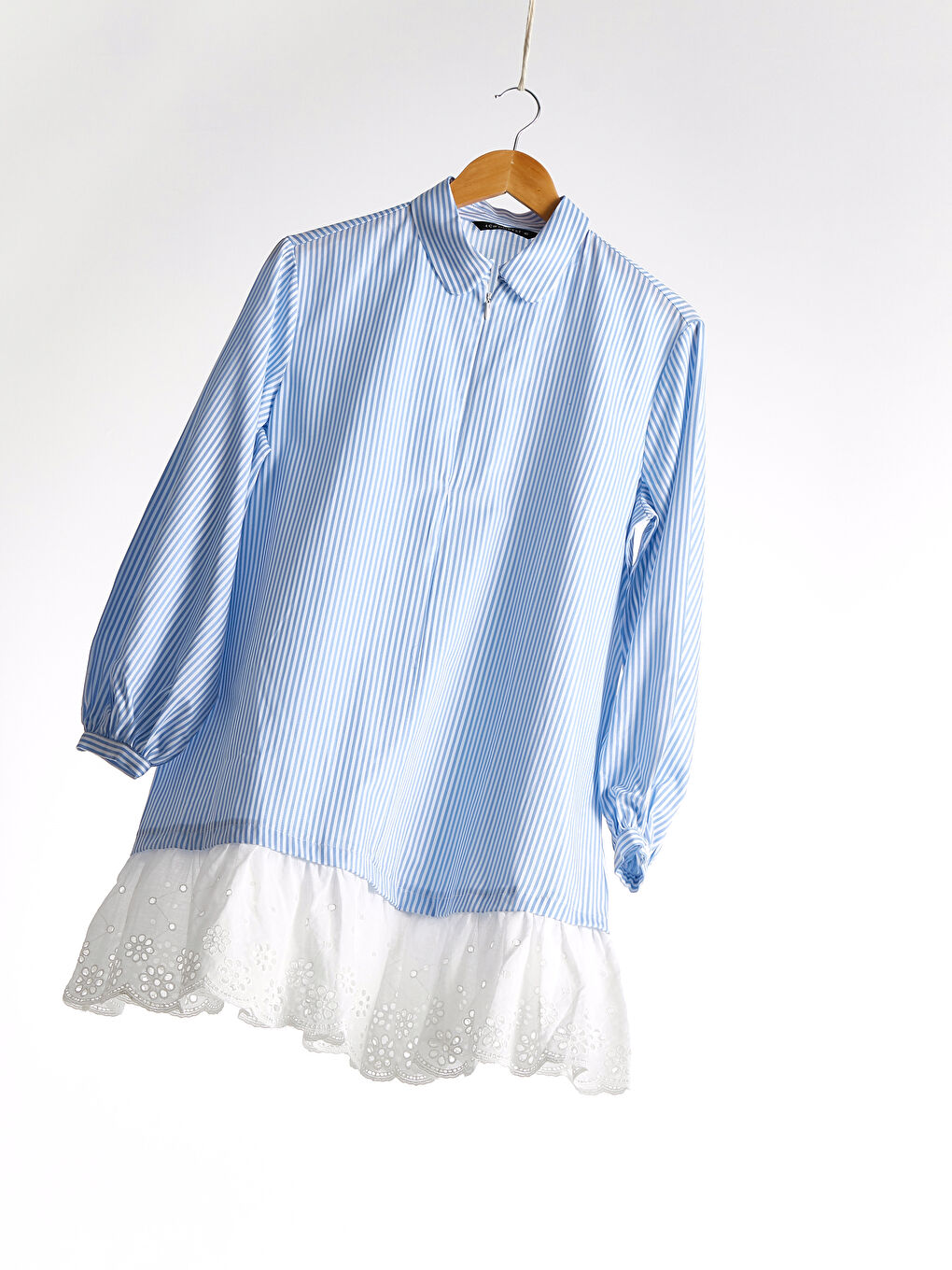 Mavi Dantel Detaylı Çizgili Uzun Kollu Kadın Tunik