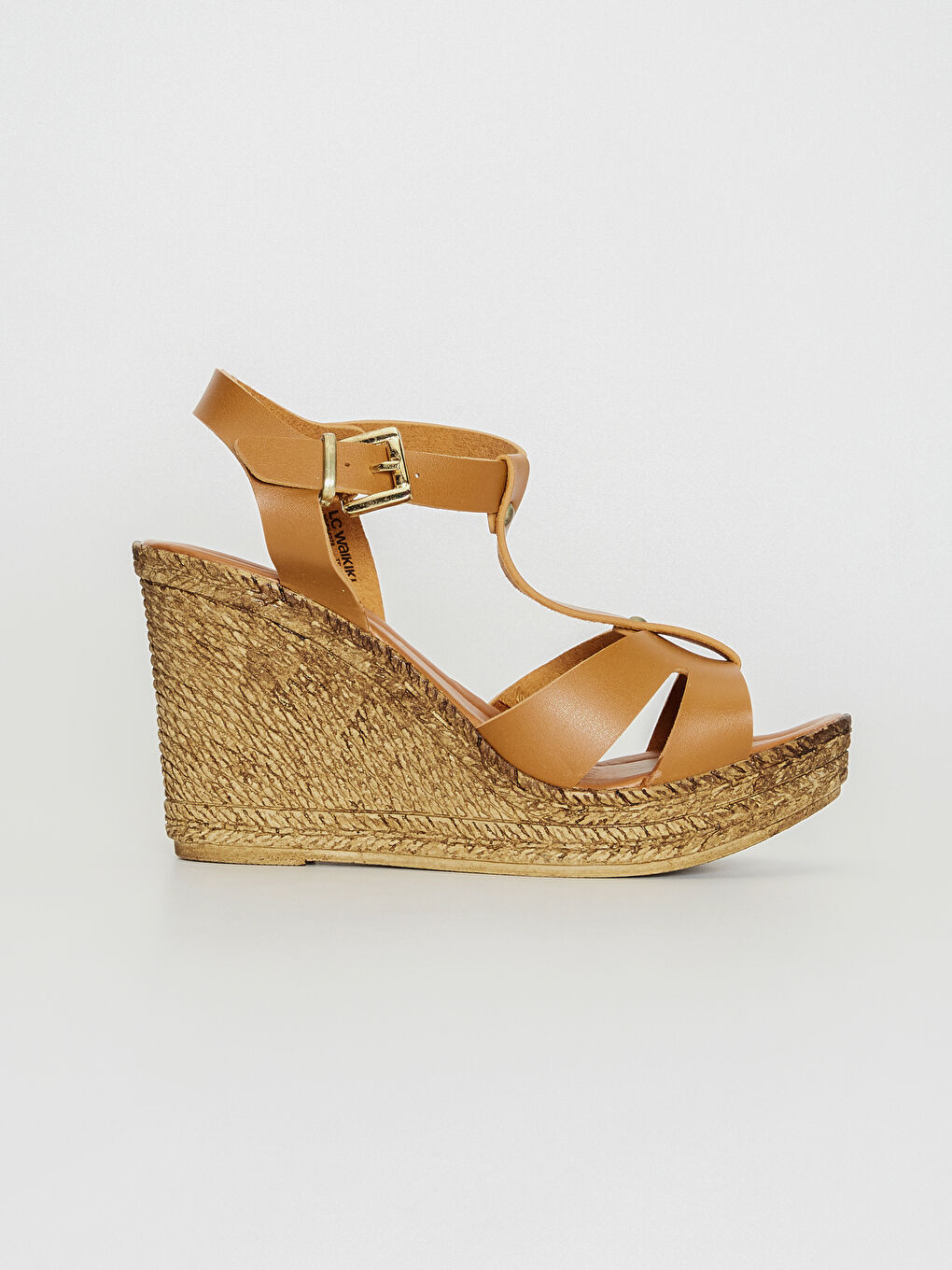 Kahverengi Kadın Dolgu Topuk T Bant Sandalet