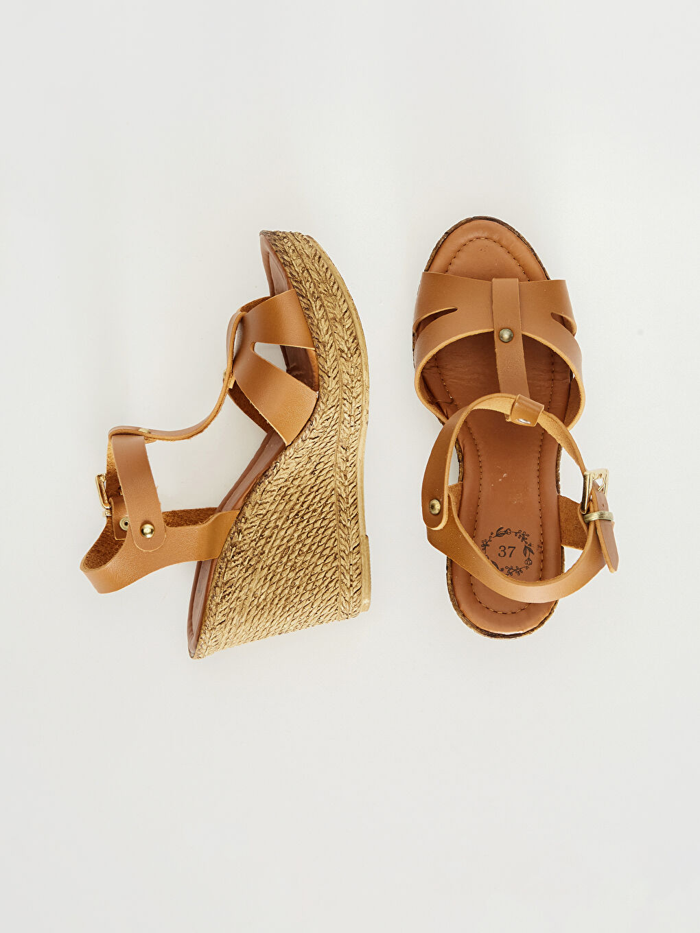 Kahverengi Kadın Dolgu Topuk T Bant Sandalet-4