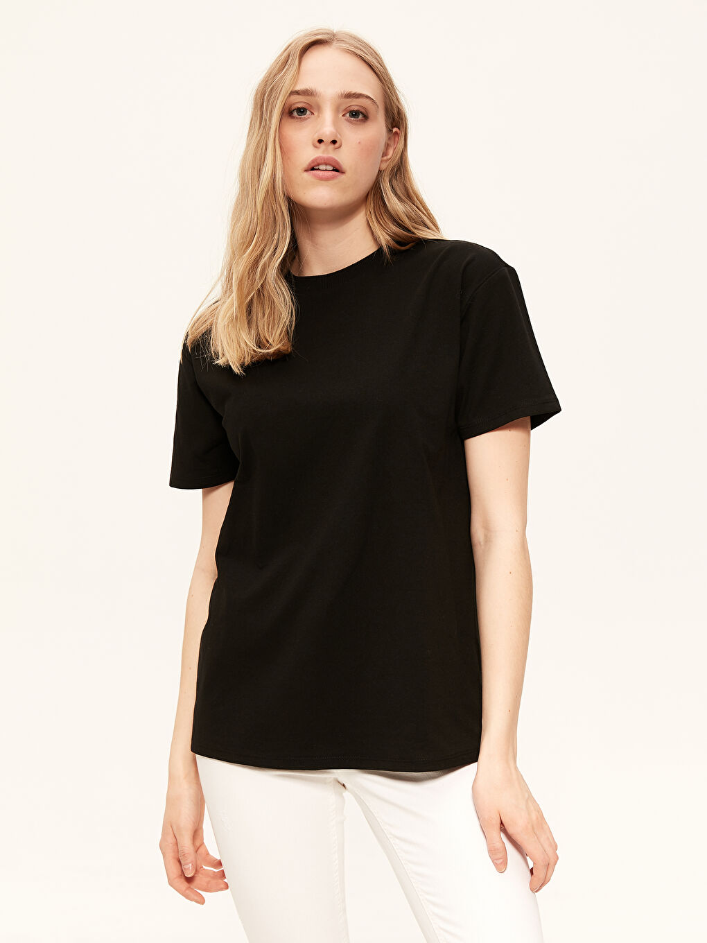 Siyah Doğa Dostu Düz Bisiklet Yaka Tişört-2