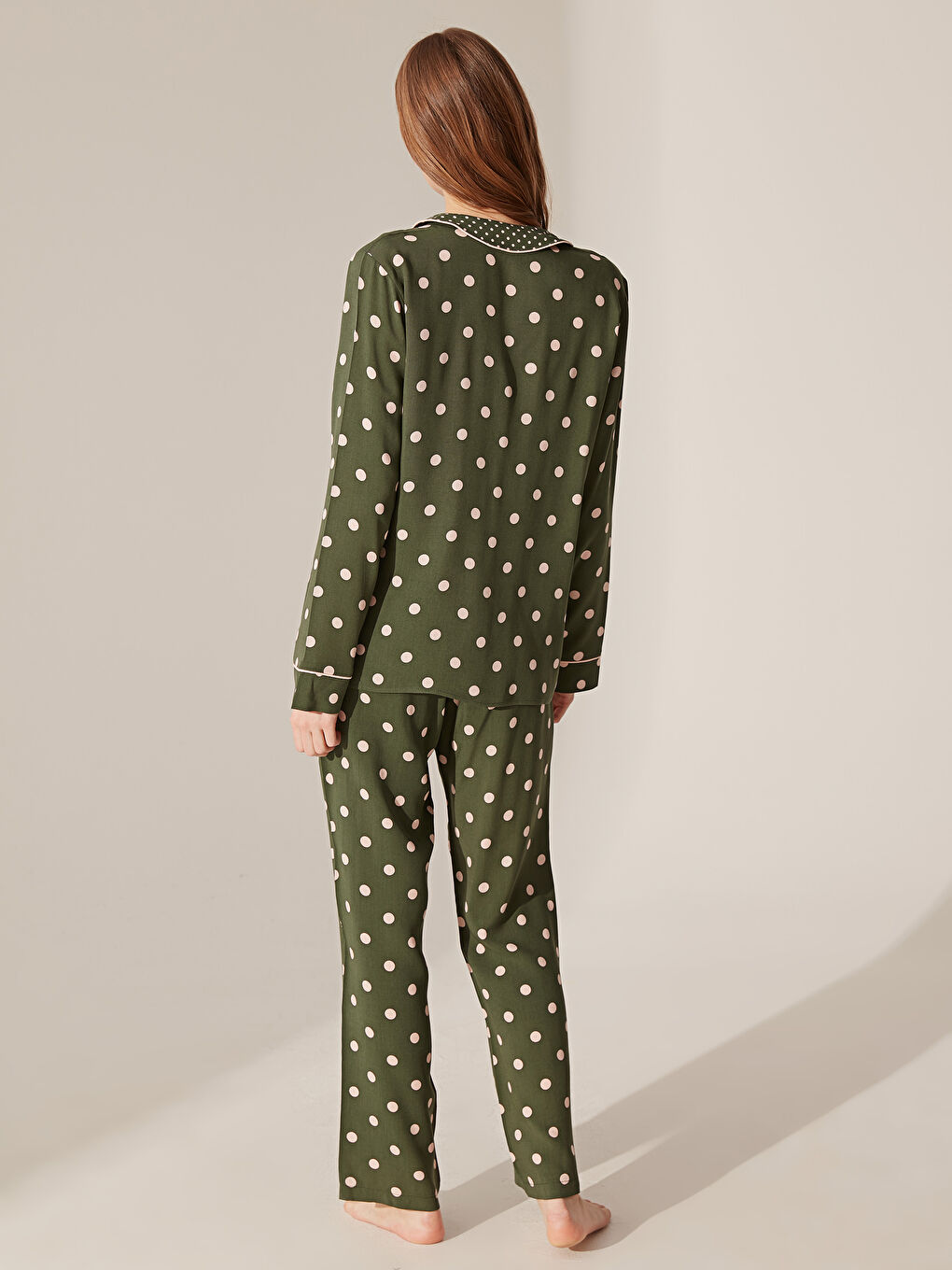 Yeşil Gömlek Yaka Kısa Kollu Kadın Viskon Pijama Takım-3
