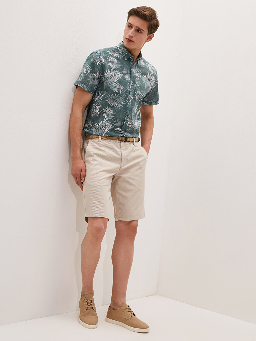 Bej Deri Görünümlü Bağcıklı Erkek Derby Klasik Ayakkabı-1