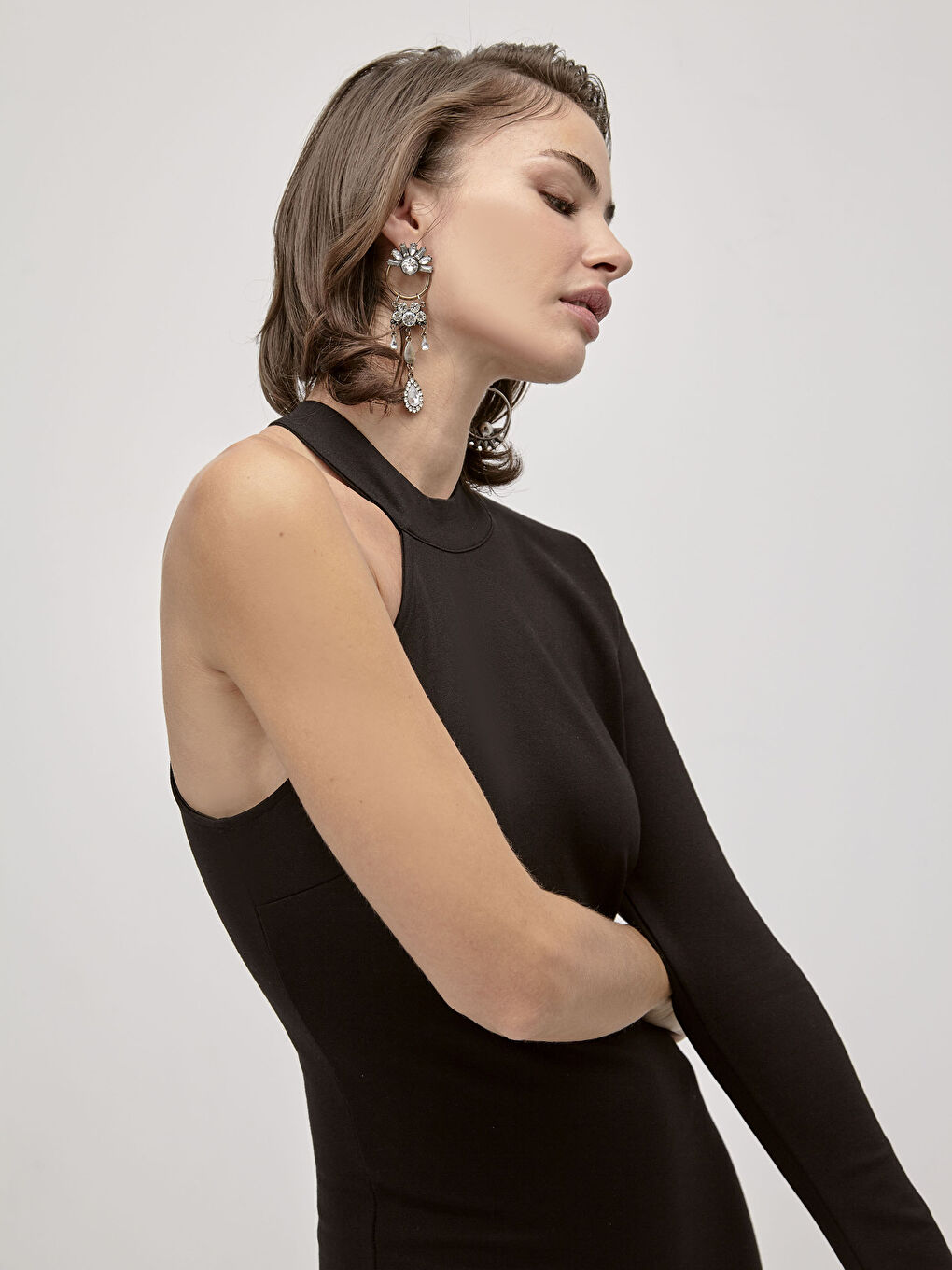 Siyah Tek Omuz Düz Uzun Kollu Kadın Elbise-2