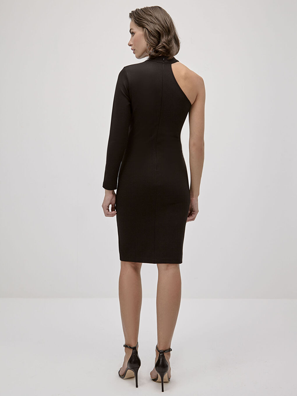 Siyah Tek Omuz Düz Uzun Kollu Kadın Elbise-5