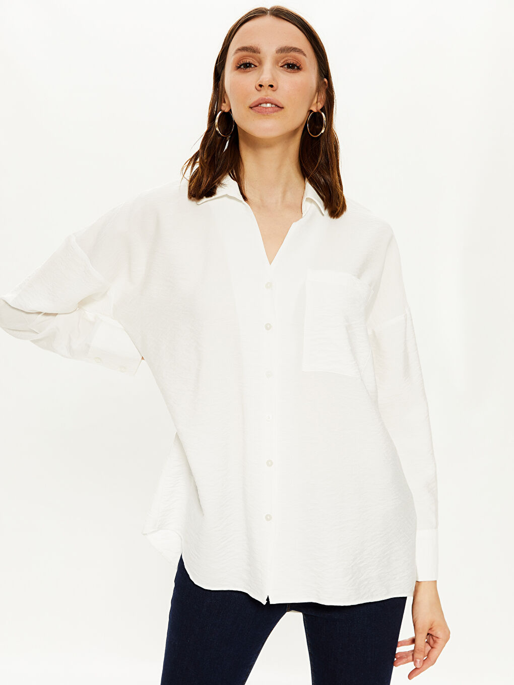 Ekru Gömlek Yaka Uzun Kollu Kadın Gömlek
