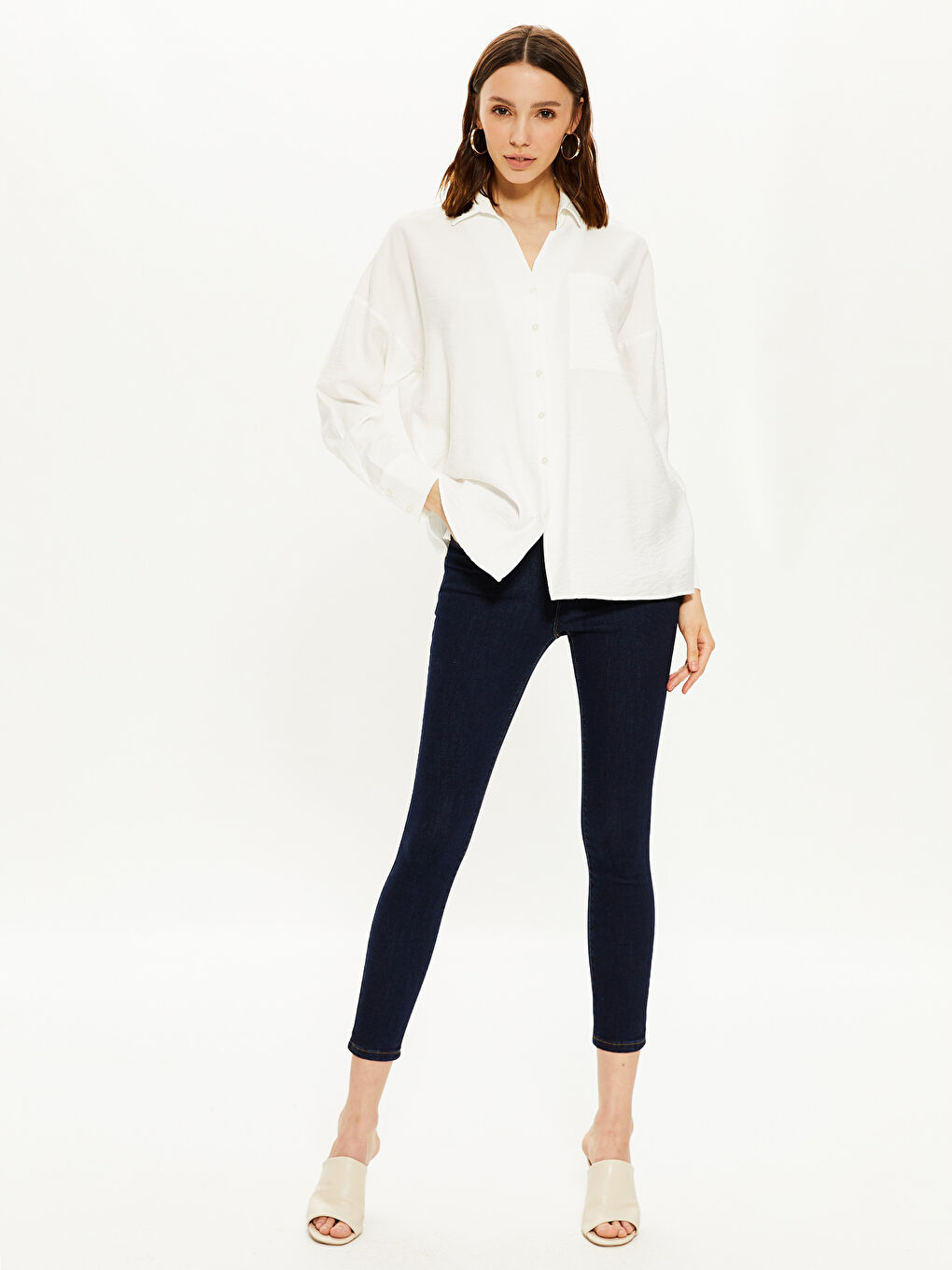 Ekru Gömlek Yaka Uzun Kollu Kadın Gömlek-2