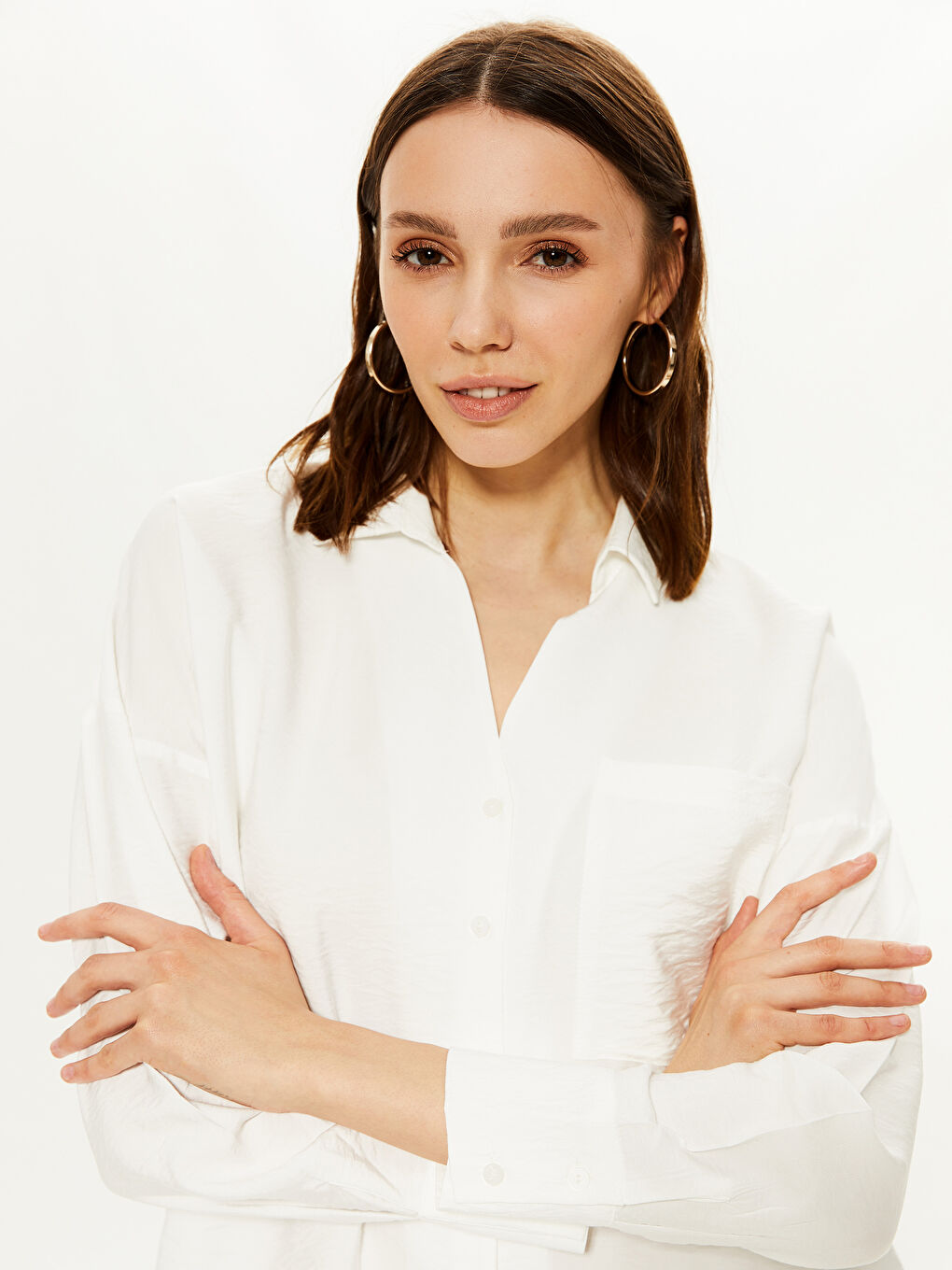 Ekru Gömlek Yaka Uzun Kollu Kadın Gömlek-3