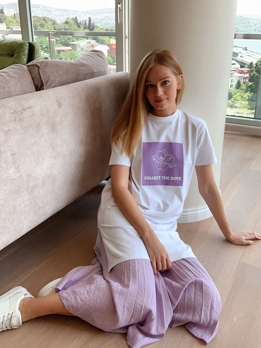 Lila Beli Lastikli Uzun Pileli Etek