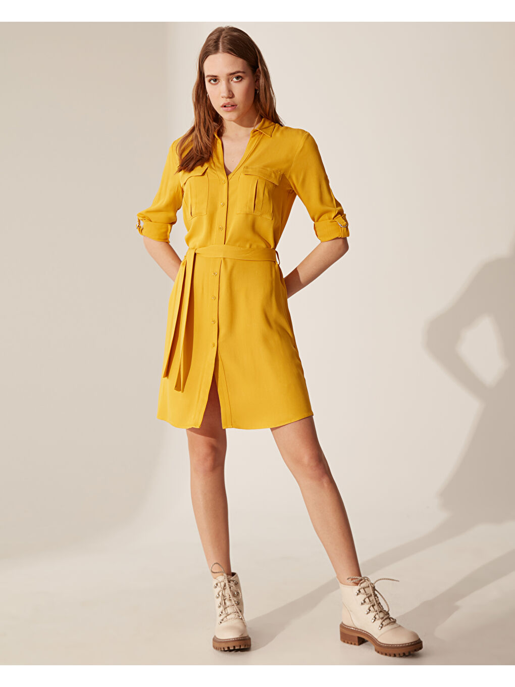 Sarı Rahat Kalıp Uzun Kollu Kadın Elbise-1