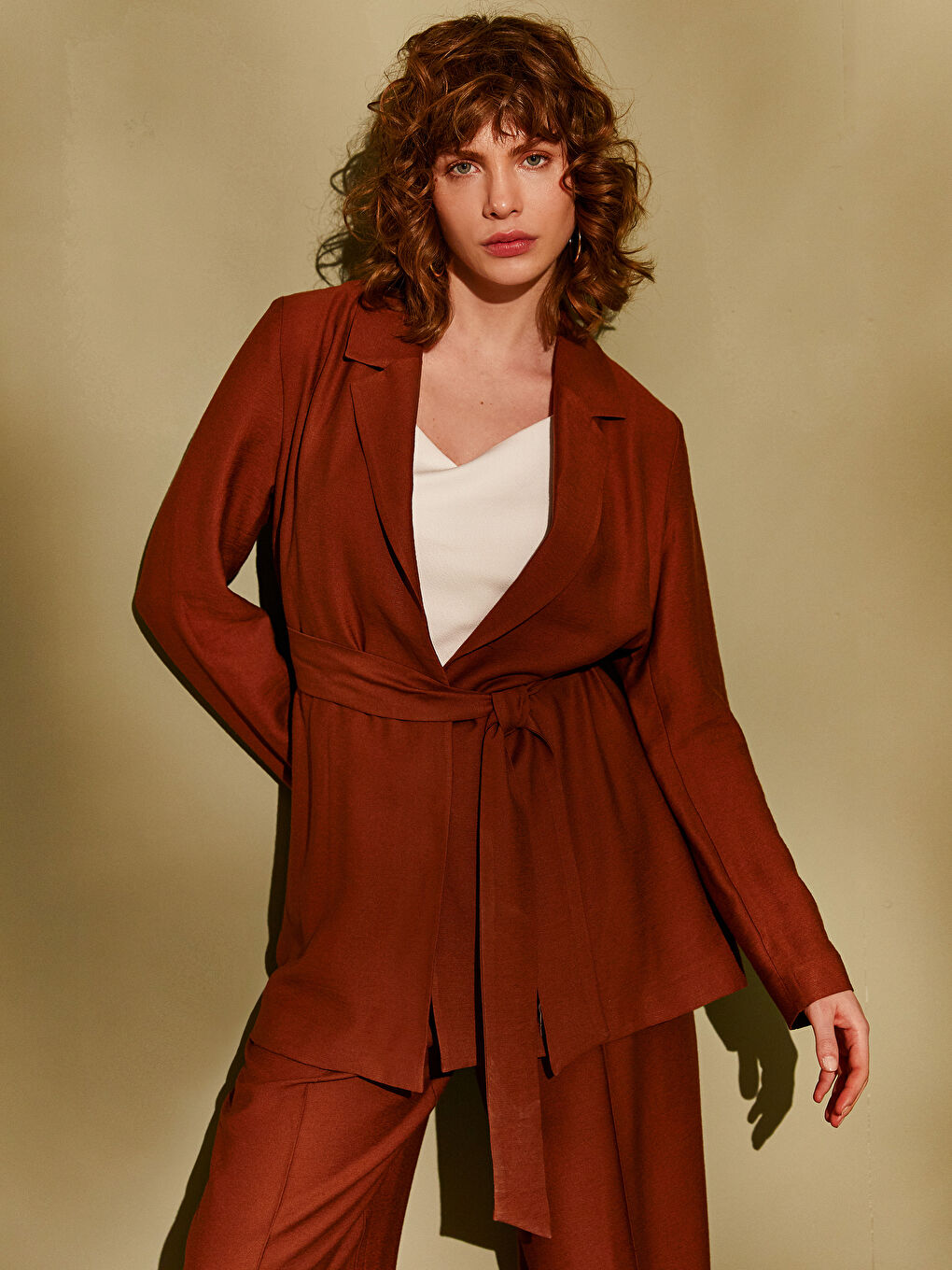 Kahverengi Rahat Kalıp Uzun Kollu Kadın Ceket-2