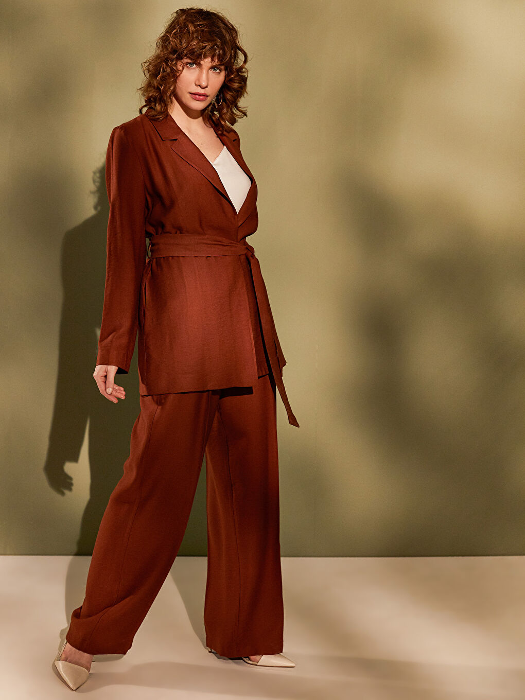 Kahverengi Rahat Kalıp Uzun Kollu Kadın Ceket-5