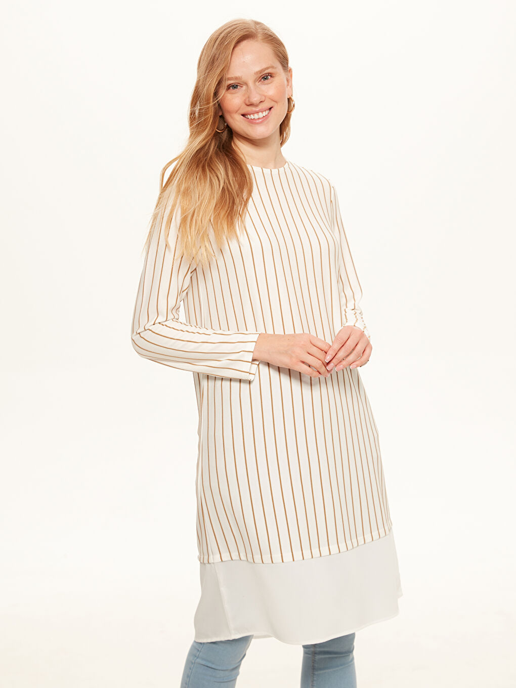 Crew Neck Long Sleeve Women's Striped Viscose Tunic