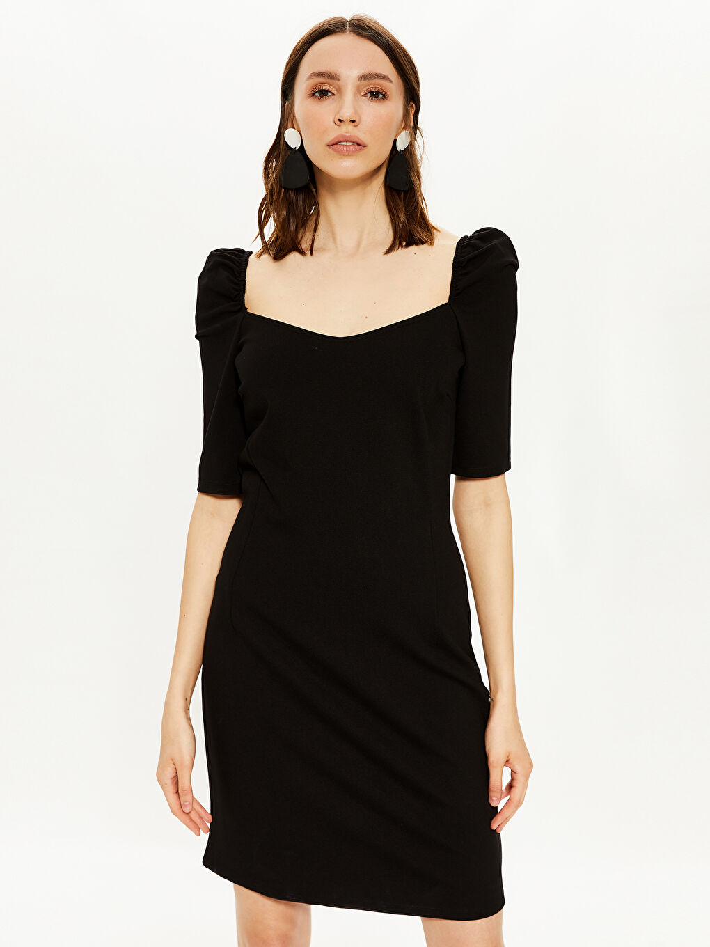 Siyah V Yaka Dar Fit Kadın Elbise-2