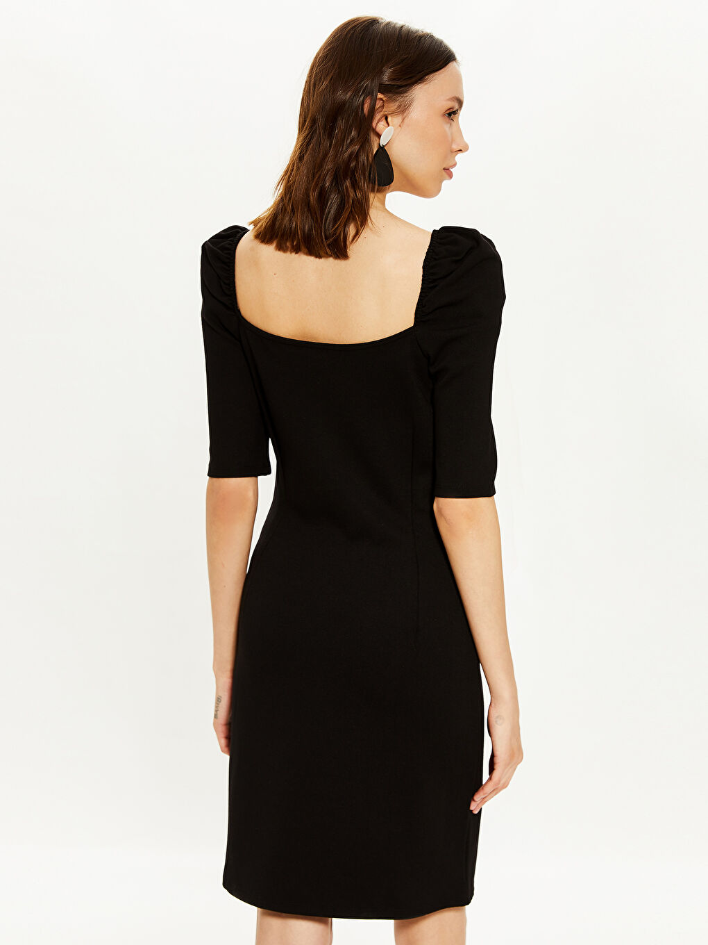 Siyah V Yaka Dar Fit Kadın Elbise-4