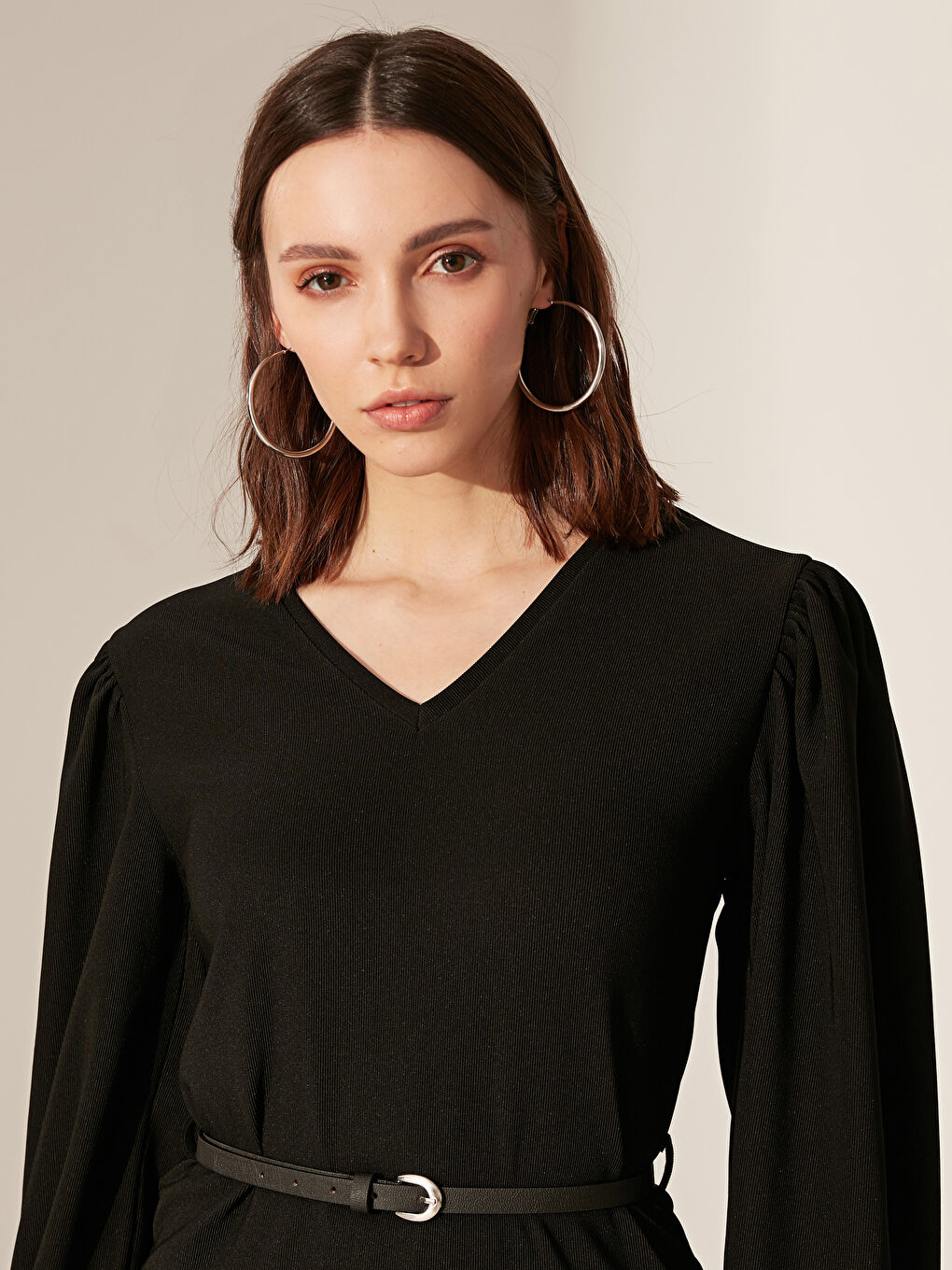 Siyah V Yaka Uzun Kollu Penye Kadın Elbise-2