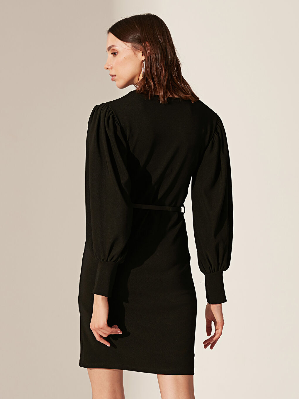 Siyah V Yaka Uzun Kollu Penye Kadın Elbise-3