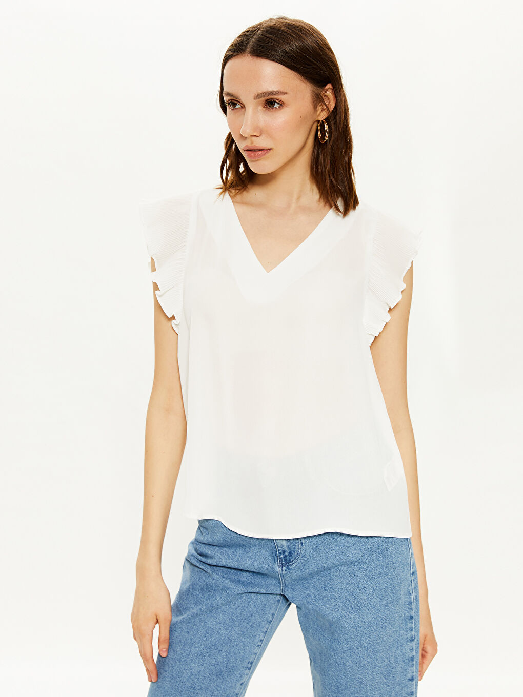 Ekru V Yaka Kısa Kollu Krep Kadın Bluz-2